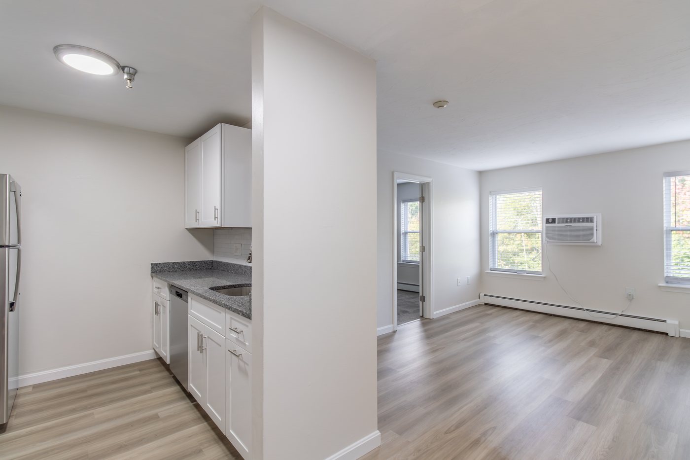 Renovated apartment living area with new flooring