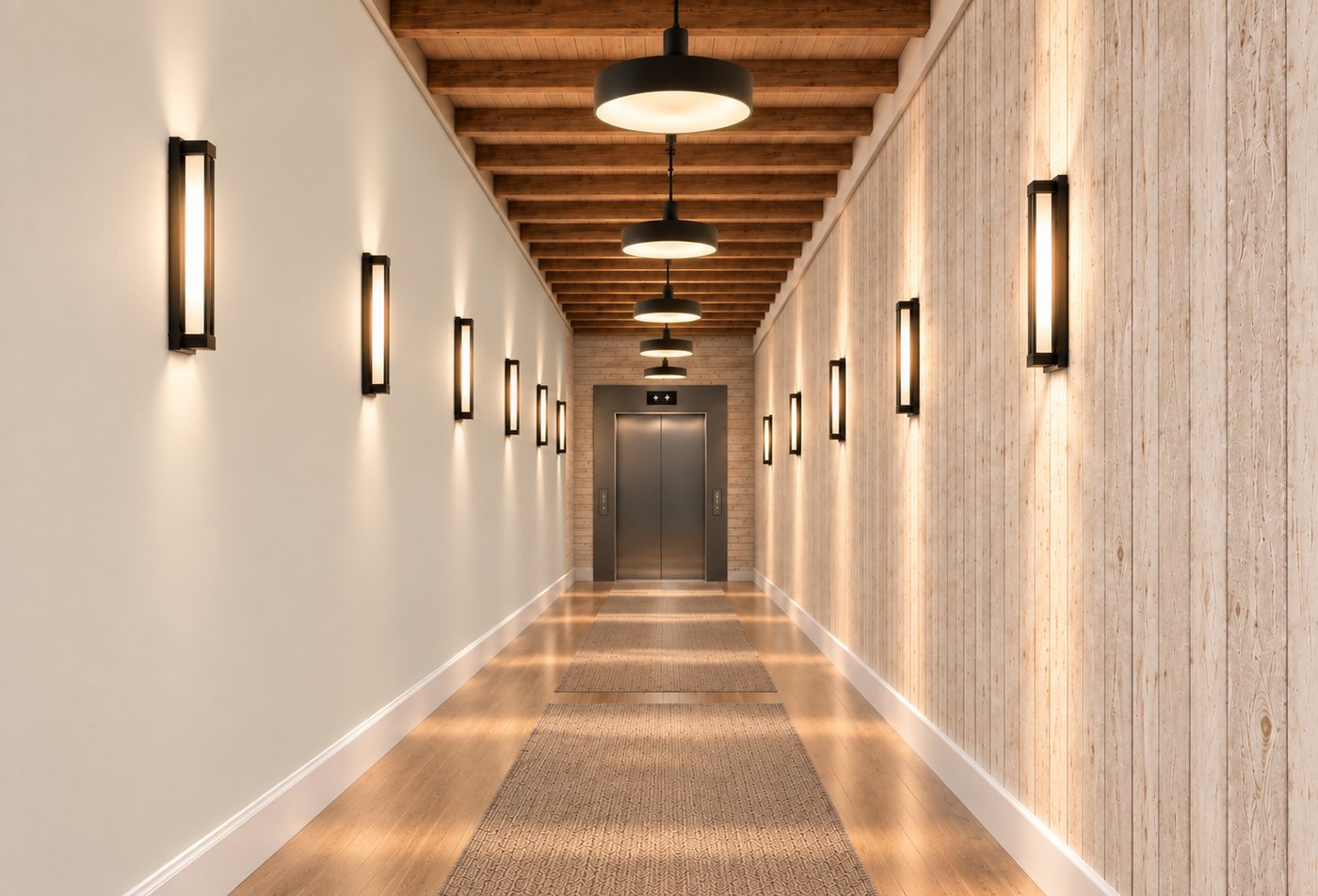 Rendering of the renovated entry hallway with wood paneling and sconces