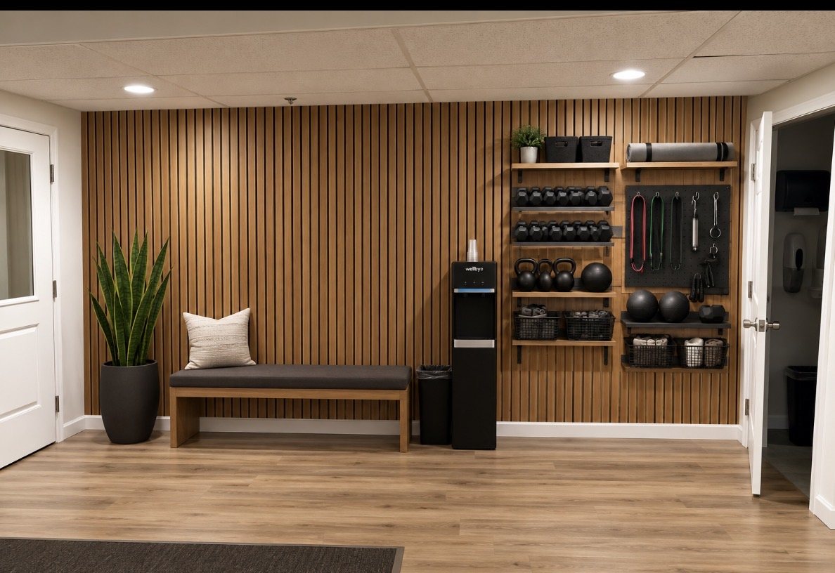 Rendering of the fitness center stretch zone with wood slat wall