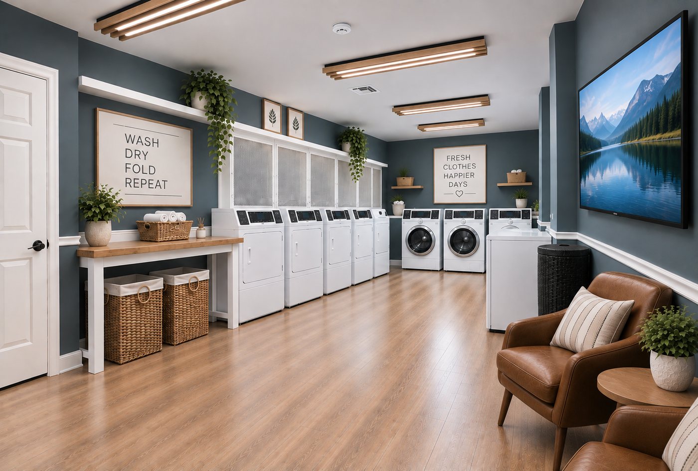Rendering of a laundry lounge with folding counter, seating and TV